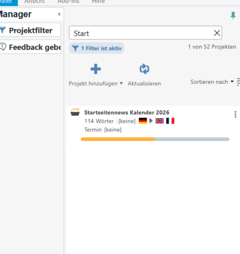 Screenshot of the Trados Studio Manager view showing a project named 'Startseitennnews Kalender 2026' with German, English, and French flags as target languages.