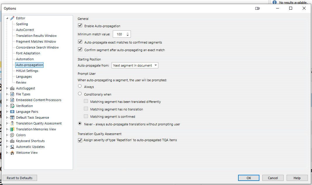 Screenshot of Trados Studio Auto-propagation settings showing options like 'Enable Auto-propagation,' 'Minimum match value,' and 'Translation Quality Assessment.'