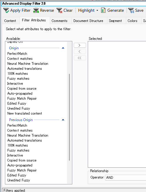 A screenshot of the Advanced Display Filter 2.0 interface, showing filter attributes such as 'Origin' and 'Previous Origin' with options like 'PerfectMatch' and 'Neural Machine Translation'.