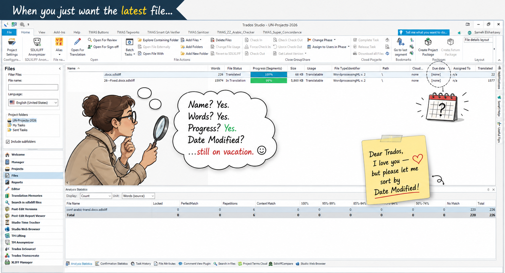 Screenshot of Trados Studio interface with a highlighted request to sort files by 'Date Modified'. Includes a cartoon of a woman with a magnifying glass and a sticky note saying 'Dear Trados, I love you but please let me sort by Date Modified!'.