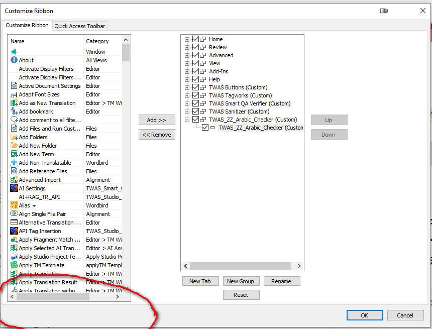 Screenshot of the Customize Ribbon dialog in Trados Studio showing a narrow panel with a vertical scrollbar, item names truncated, and a red circle highlighting the cramped display.