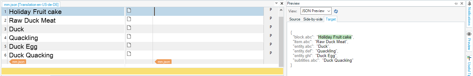 Screenshot of the JSON file open in the editr with the preview active showing the keys.