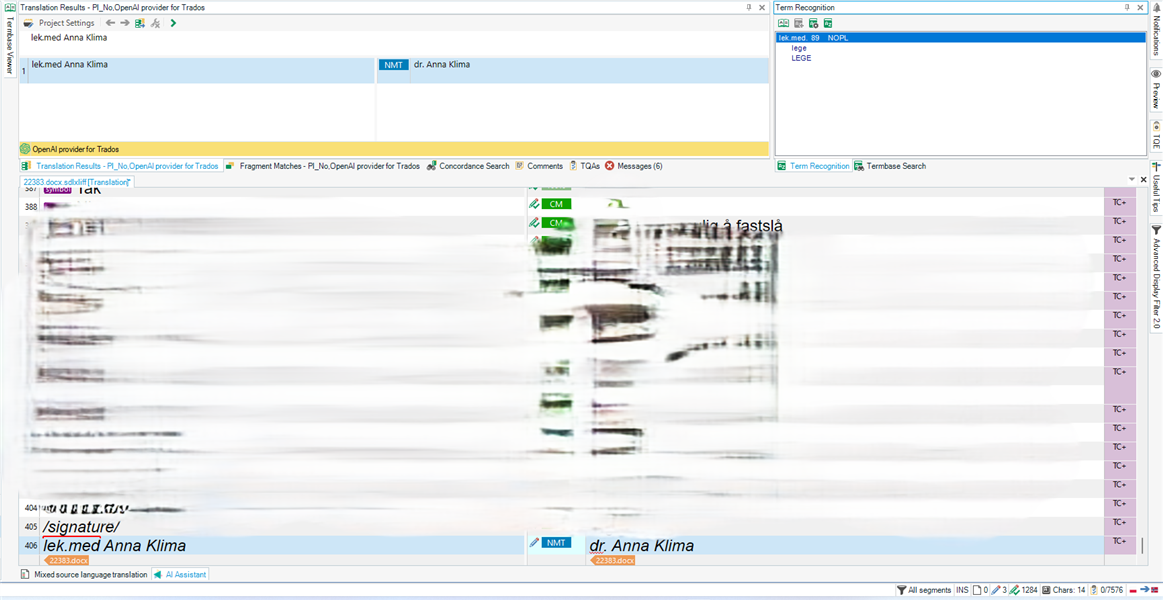 Screenshot of a translation software interface showing a term 'lek.med Anna Klima' incorrectly translated as 'dr. Anna Klima'. Term recognition window highlights 'lek.med' with a correct term 'lege' suggested but not applied in the translation.