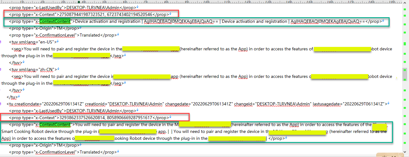 Screenshot of Trados Studio showing TMX code with red boxes highlighting 'Context' properties with numeric values and green boxes highlighting 'ContextContent' elements.