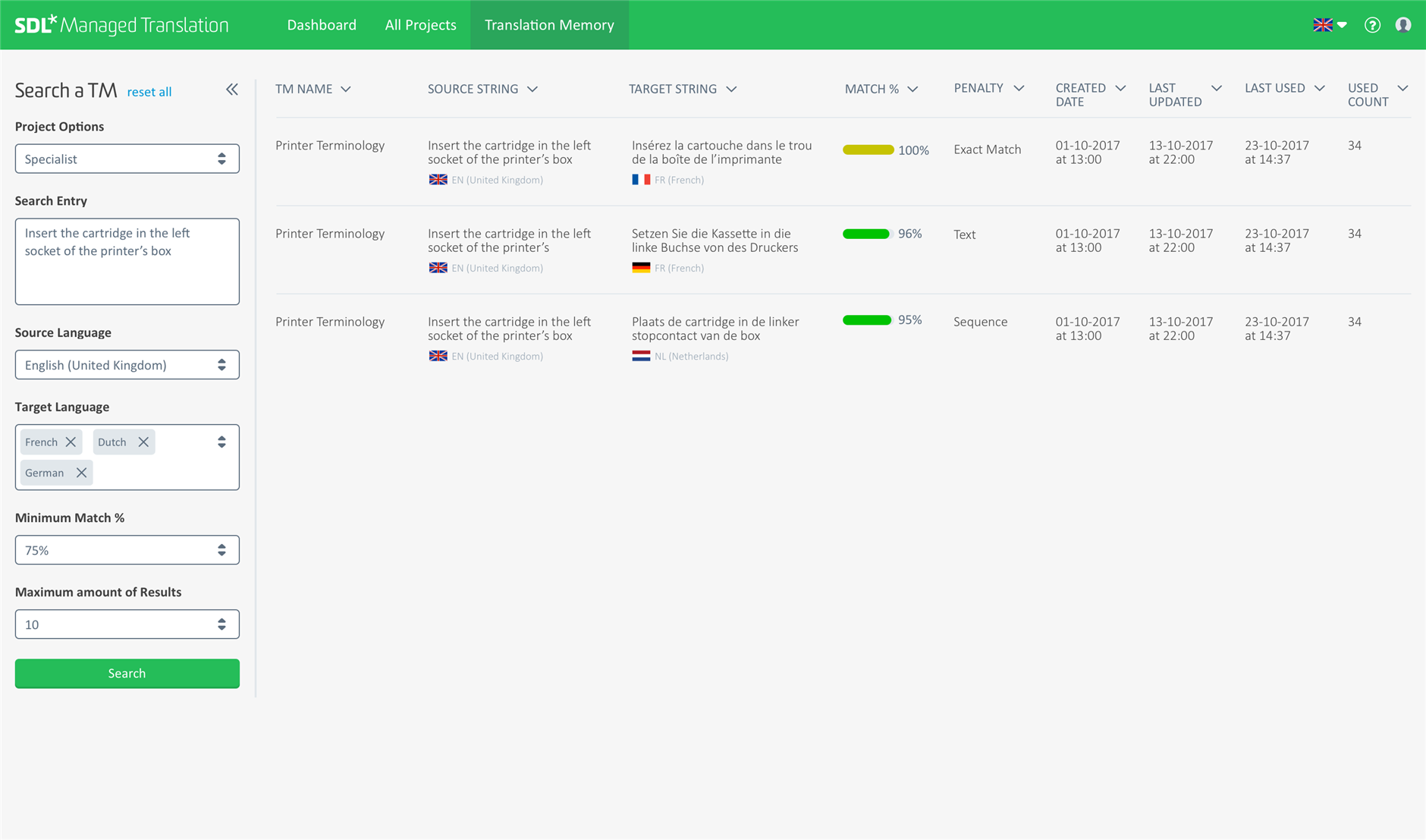 Screenshot of SDL Managed Translation's Translation Memory Search feature. The left panel shows search options with 'Insert the cartridge in the left socket of the printer's box' entered as the search term. The right panel displays search results with matches in different languages and associated match percentages.