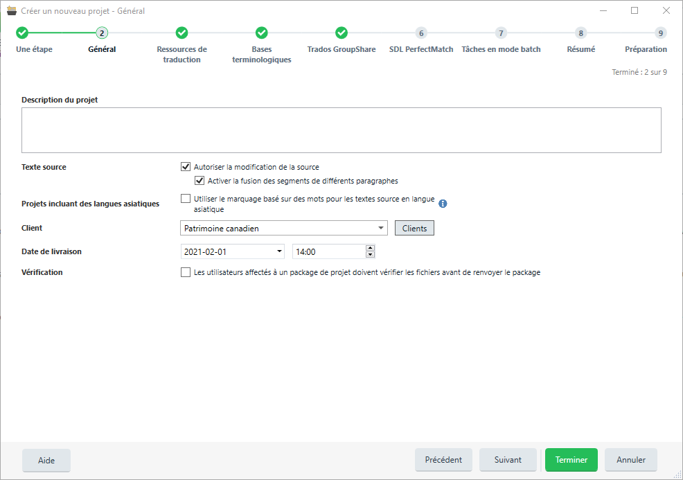 Trados Studio project creation window showing General settings with options for source text editing, Asian language projects, client name, and delivery date set to 2021-02-01 at 14:00.