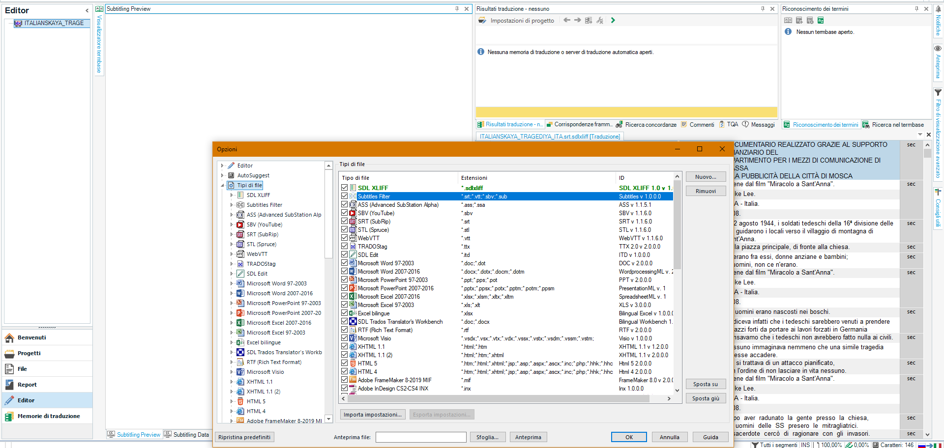 Screenshot of Trados Studio showing the Editor interface with a video file named 'ITALIANSKAYA_TRAGEDIYA' loaded but not displaying video. The 'Subtitling Preview' and 'Subtitling Data' tabs are visible at the bottom. The 'Options' panel on the left lists various file types and plugins, with 'Subtitles Filter' expanded showing file extensions like '.sdlxliff', '.ast', '.ssa'. No error messages are visible.