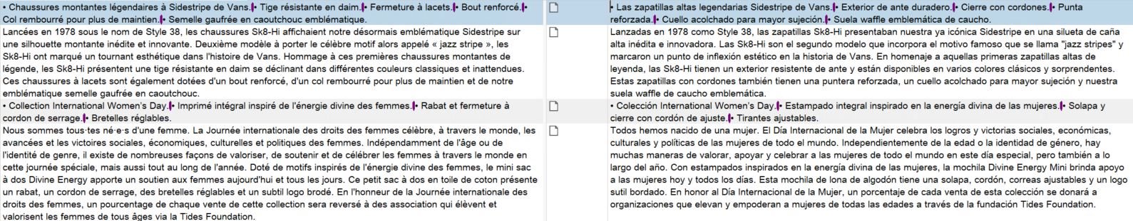 Screenshot of Trados Studio showing a JSON file with French text. Text is not segmented after full stops or line breaks, and there are no visible errors or warnings.