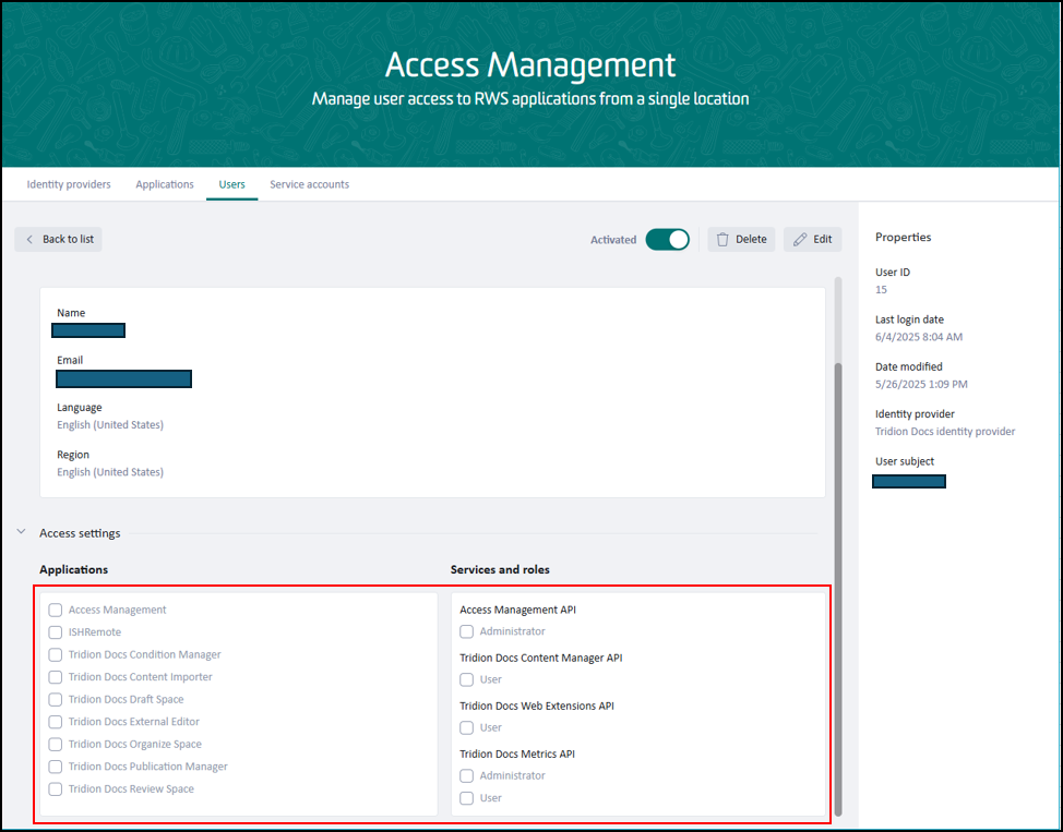 Access Management interface showing user details, access settings, and roles for Tridion Docs applications. All checkboxes under Applications and Services are unchecked.