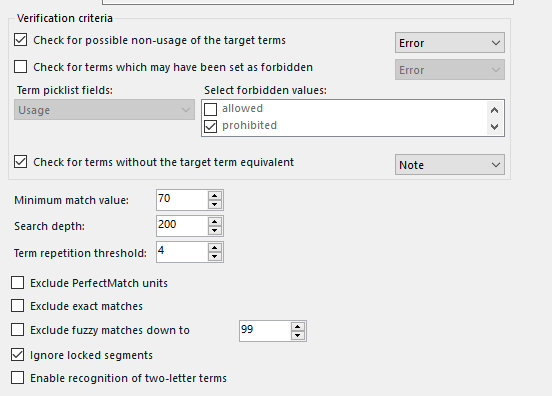 Screenshot of Trados Studio verification criteria settings with options for checking non-usage of target terms and forbidden terms.