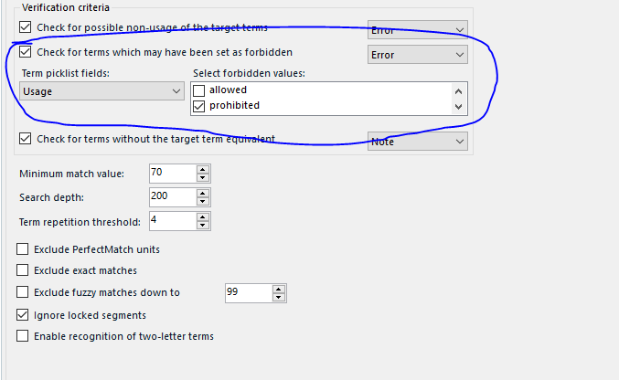 Screenshot highlighting the 'Select forbidden values' setting in Trados Studio with 'prohibited' checked under verification criteria.