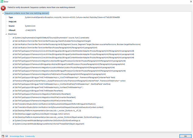 Error message in Trados Studio stating 'Sequence contains more than one matching element' with a stack trace of system details.