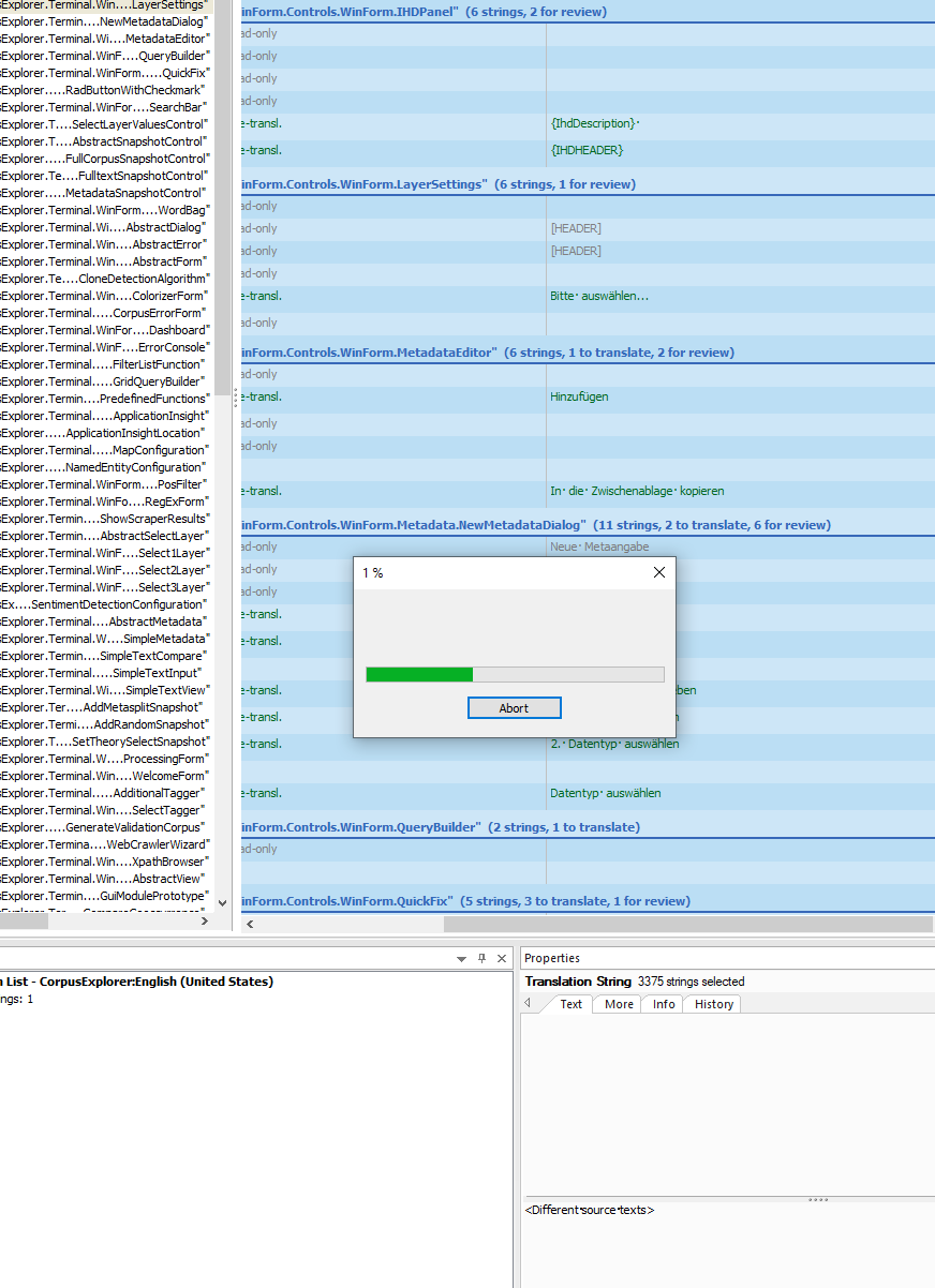 Screenshot of Trados Studio software showing a list of items with 'Explorer.Terminal.Win....' and a progress dialog box with 'Abort' button indicating 1% progress.