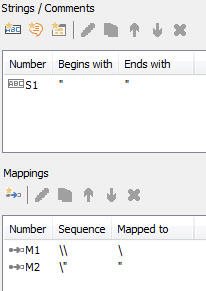 Trados Studio screenshot showing the 'Strings  Comments' section with a search field and 'Mappings' section with two entries: M1 maps backslash double quote to double quote, M2 maps backslash single quote to single quote.