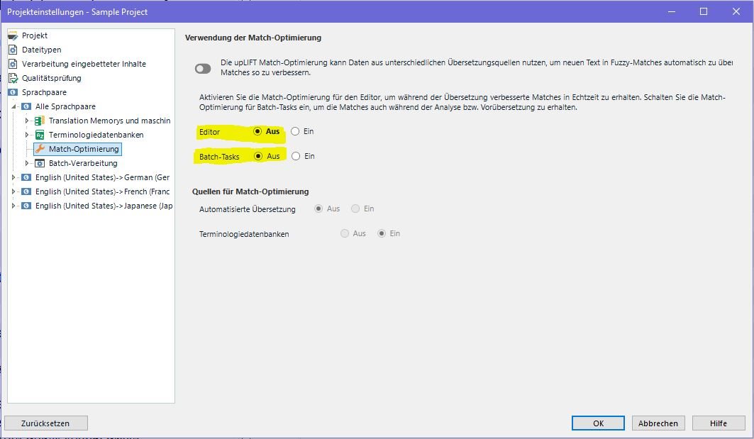 Project Settings - Match Opt OFF