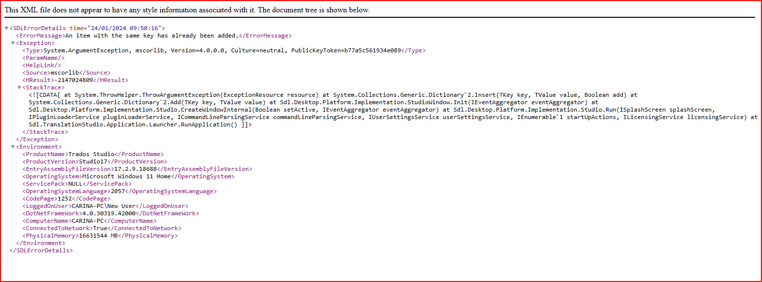 XML error file open in a text editor showing details of the error 'An item with the same key has already been added' with system and environment information.