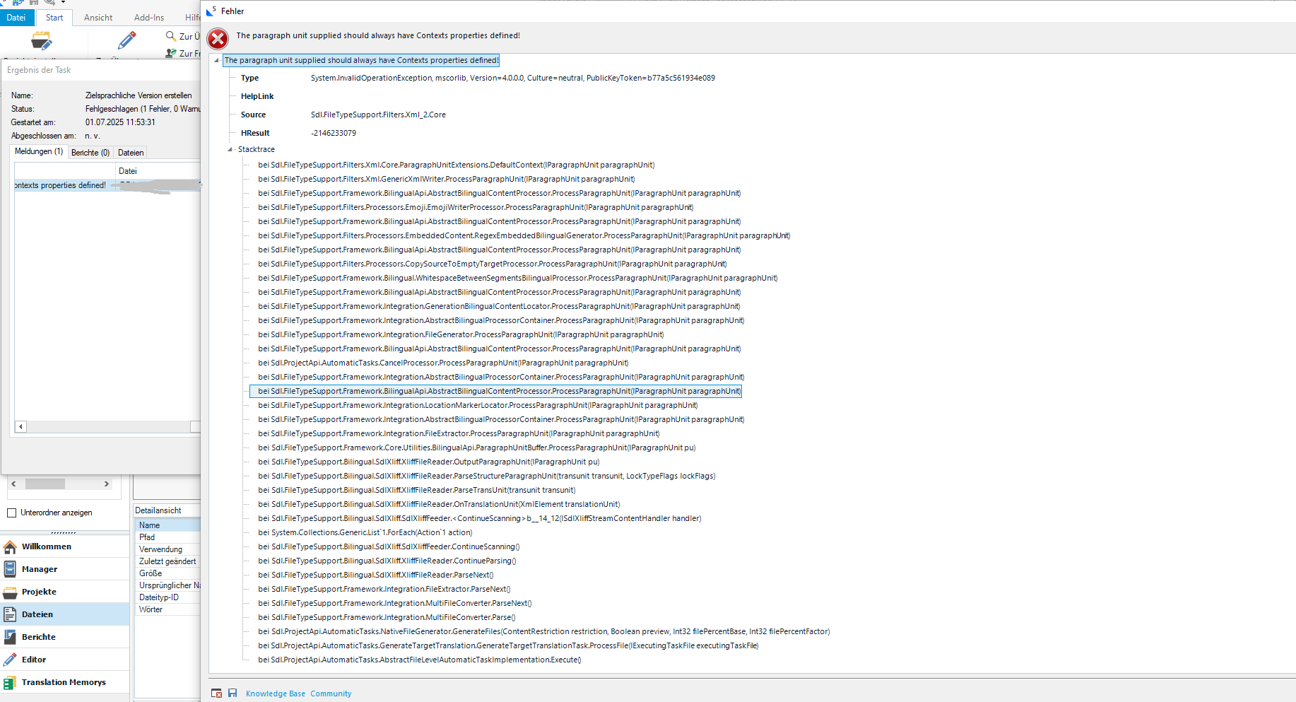 Error message in Trados Studio 2024: 'The paragraph unit supplied should always have Contexts properties defined!' with detailed stack trace displayed in the error window.