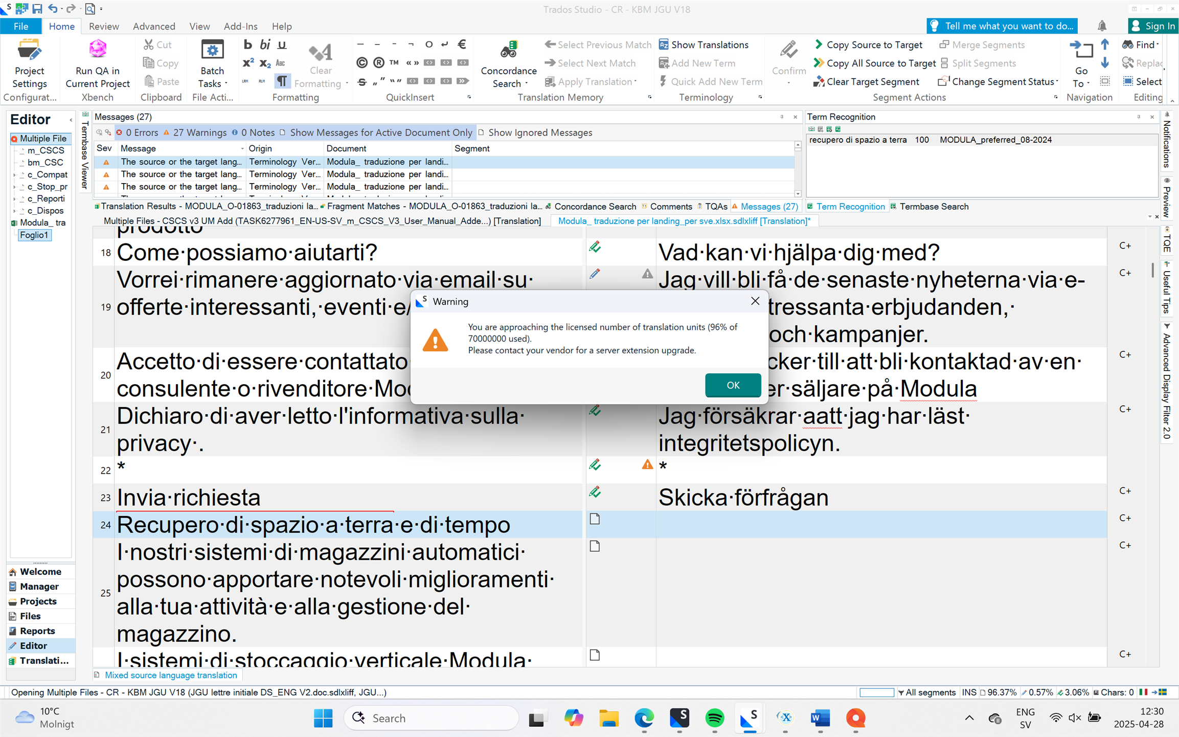 Screenshot of a software interface with a warning dialog box stating 'You are approaching the licensed number of translation units (96% of 70000000 used). Please contact your vendor for a server extension upgrade.'