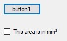 Screenshot of a test app interface showing a button labeled 'button1' and a checkbox with the label 'This area is in mm '.