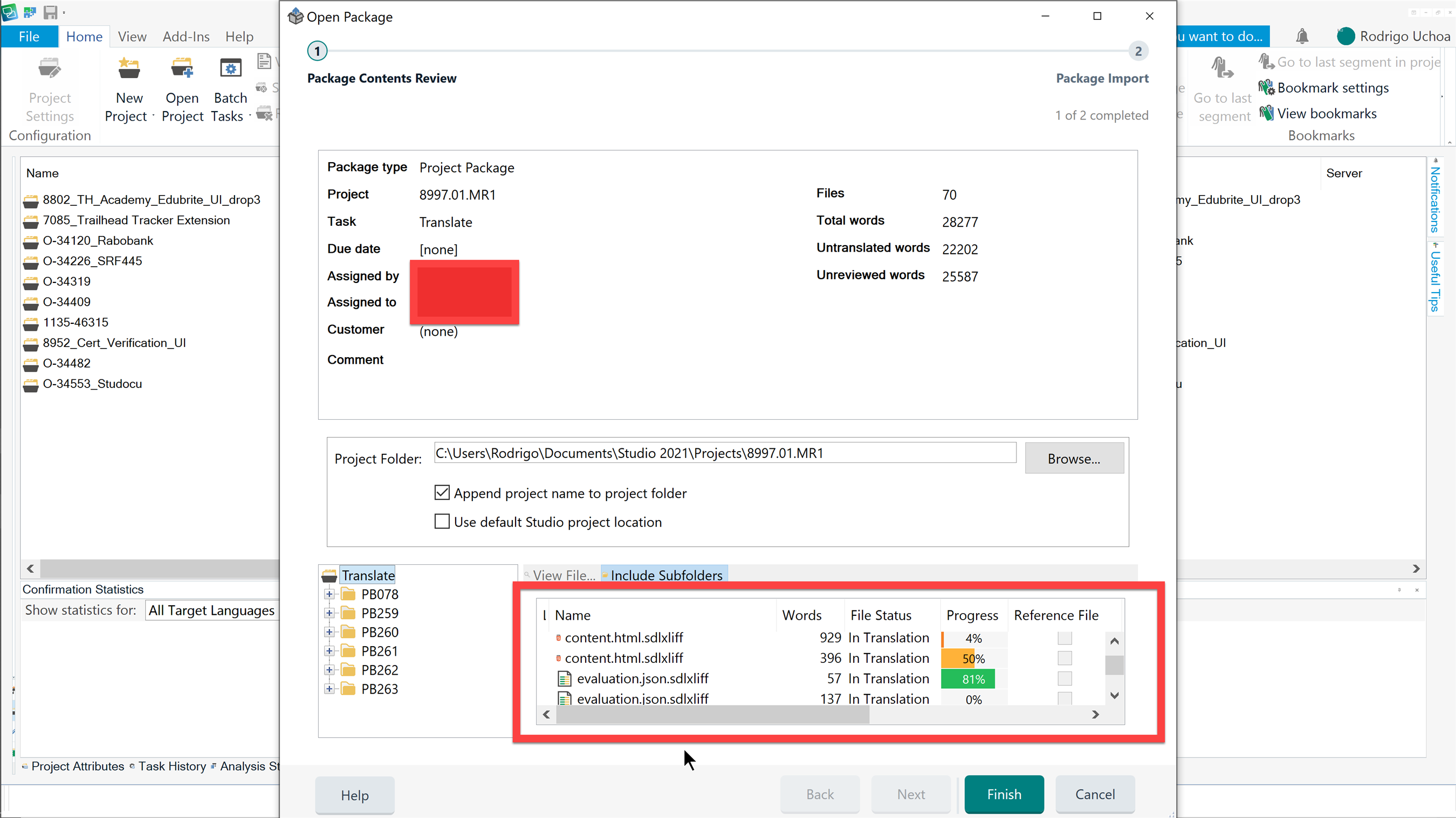Trados Studio Open Package window showing a list of files with 'In Translation' status and a selected project folder path.
