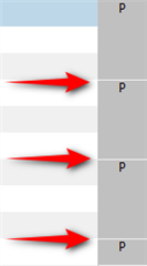 Screenshot showing a close-up of red arrows pointing right, next to a column with the letter 'P' repeated vertically.