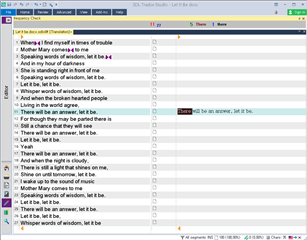 Screenshot of Trados Studio Ideas with a selected 'There' filter showing 6 instances of 'Tthere' highlighted in the text.
