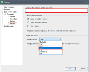 Tridion Docs Options window with 'Change the settings for the account' highlighted. Image resolution dropdown menu open with options: Low, (Default), High, Thumbnail, Zip.