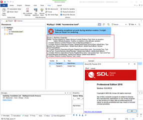Screenshot of Passolo Professional Edition 2016 with an error message window stating 'Following exceptions occurred during validation. It might have an impact on rendering: System.Xaml.XamlParseException'.