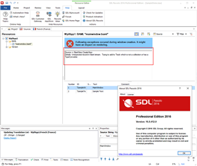 Screenshot of Passolo Professional Edition 2016 with an error message window stating 'Following exceptions occurred during validation. It might have an impact on rendering: System.Windows.Markup.XamlParseException'.