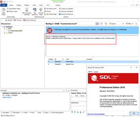 Screenshot showing Passolo with a warning message 'Following exceptions occurred during window creation.' with details in a red box and the Passolo version info window.