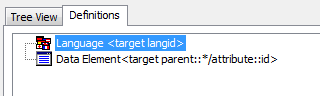 Trados Studio Tree View showing Definitions with Language and Data Element nodes.