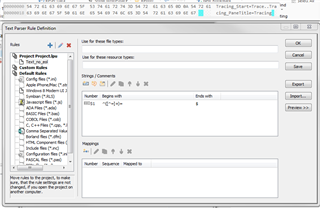 Trados Studio Text Parser Rule Definition window showing a custom rule with 'String (Comments)' selected, 'Number' set to '1', 'Begins with' empty, and 'Ends with' set to '$'.
