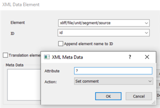 Screenshot of an XML Data Element configuration window with a dropdown menu for Element and ID selections, and a section for XML Meta Data with an input field and a 'Set comment' action.