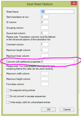 Trados Studio 'Excel Sheet Options' dialog with 'Columns with additional properties' field highlighted, indicating confusion about its purpose.