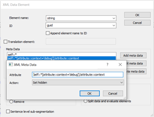 Trados Studio XML Data Element dialog box with Element name set to 'string' and ID set to 'guid'. Meta Data section shows 'self::textbuffer-context@labytut-buffer-context' with Action set to 'Set hidden'.