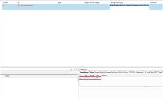 Trados Studio screenshot showing a translation file with a highlighted error message indicating a missing source text for a string.
