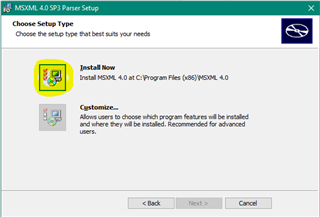 MSXML 4.0 SP3 Parser Setup window with two options: 'Install now' with MSXML 4.0 icon highlighted and 'Customize'. Buttons 'Back', 'Next', and 'Cancel' are at the bottom.