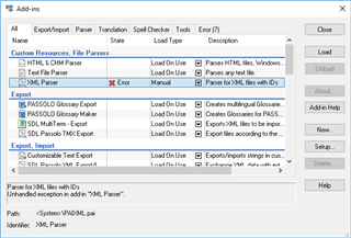 Screenshot of Trados Studio Add-ins window showing an error for 'Custom XML Parser' with description 'Parse HTML like, Windows Help, etc.' and status 'Load on Use'. Error message reads 'Failed to load: Exception in AddIn XML Parser.'