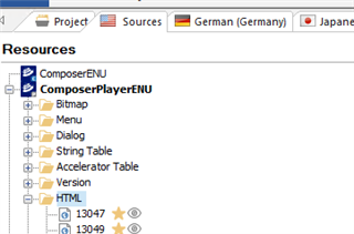 Trados Studio Resources window showing ComposerPlayerENU with expanded folders including Bitmap, Menu, Dialog, String Table, Accelerator Table, Version, and HTML with items 13047 and 13049 starred.