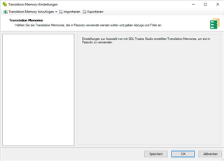 Trados Studio Translation Memory Settings window with empty content, indicating an issue with loading Translation Memories.