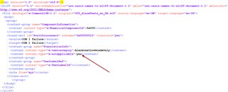 Screenshot of XML code with an arrow pointing to an attribute 'x-notapplicable' set to 'no' within a 'trans-unit' tag.
