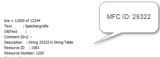 Screenshot displaying Trados Studio with a speech bubble pointing out MFC ID: 25322, along with information like line number, text description, and resource ID and number.