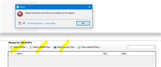 Error dialog box in Trados Studio stating 'Object reference not set to an instance of an object.' with an OK button and Knowledge Base Community link.