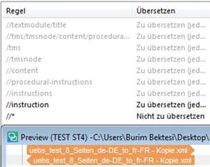Trados Studio interface showing translation rules for XML paths with a preview window displaying file path on user's desktop.