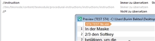 Trados Studio screenshot showing a preview window with the text 'In der Maske', '23 den Softkey', and 'bet tigen, um die'. No visible errors or warnings.