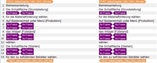 Screenshot of Trados Studio interface with a list of translation segments, highlighting the use of InlineGraphic and fm:Frame tags in the source and target columns.