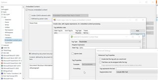 Trados Studio screenshot showing the Embedded Content processing settings with options for comment elements.