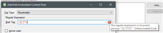 Trados Studio error message displaying 'The regular expression is incorrect: parsing "TP" - Unterminated  set.'