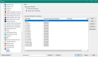 Trados Studio options window showing a list of JSON paths for extracting text, with keys like col_id_1, col_id_2, and col_id_3 labeled as Paragraph under Document Structure Information.