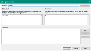 Screenshot of Trados Studio's Edit Segmentation Rule window with a regular expression for line breaks.